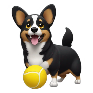 Black corgi Pixar style with a big yellow tenis ball sticker