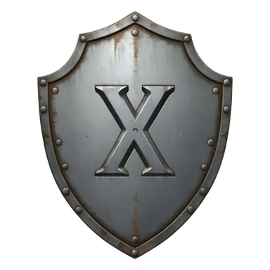 a battle worn steel shield with engraved roman numerals "XXX", the roman numerals should be prominent and in the center of the shield sticker