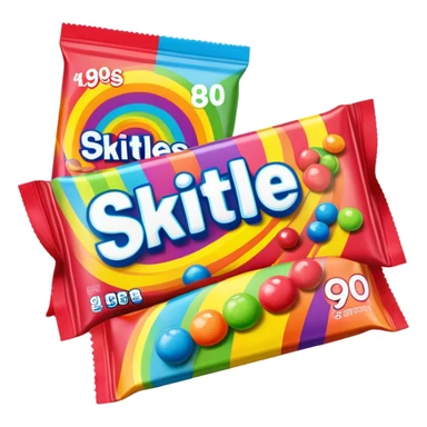 A 90s American Skittles candy package with bold colors, retro design elements, original 90s packaging with bright rainbow colors sticker
