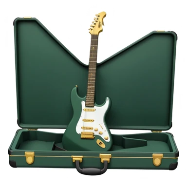 minimalist electric guitar in dark green, closed inside a black rectangular hard case with gold latches, soft matte textures, simplified details, ready-to-play symbol sticker