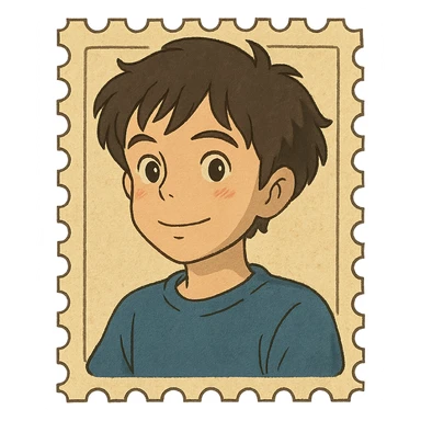 boy with slightly wavy hair designed as a letter stamp sticker