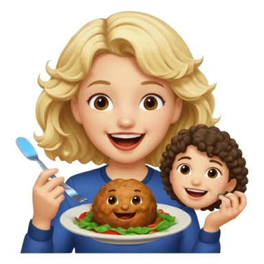 Ragazza bionda leggermente mossa che ride ad un ragazzo con i capelli ricci scuri mentre mangia polpette sticker