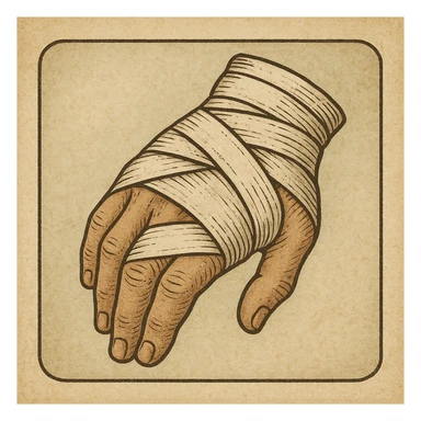 vintage style icon of a bandaged hand, muted colors, subtle texture, classic medical illustration feel sticker