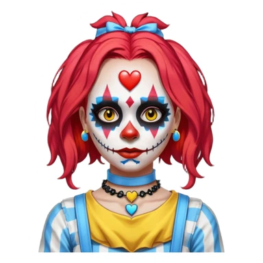wendy thomas  the clown from gta rp nopixel she has a blue sun on covering right eye with three yellow lines below her right eye and above her left eye. she has long bright red hair and light blue eyes with ablack heart choker and black bunny ears. with a skeleton shirt sticker