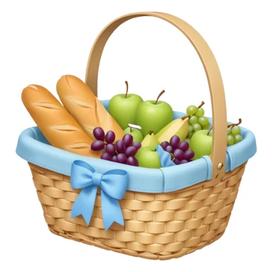 A white Picnic basket with pastel blue bow，contained baguettes and fruit, sticker