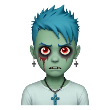 zombie boy with spiky emo blue hair and white shirt , tattos, a risk on the eyebrow, earings,  a necklace with a cross, green skin, shaggy, dark, spooky, creepy expression emoji  sticker
