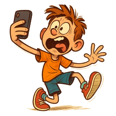 a boy taking a selfie awkwardly, fun and expressive style sticker
