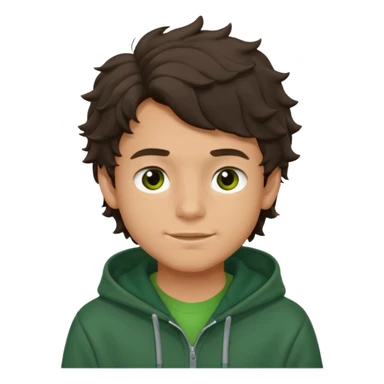 a 14 year old slightly tanned teenage boy with dark brown tousled wavy hair, dark brown eyes wearing a green tshirt, with a dark green hoodie overcoat. smirking sticker