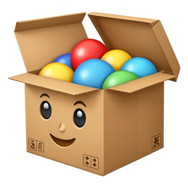 cardboard box with toys, sticker