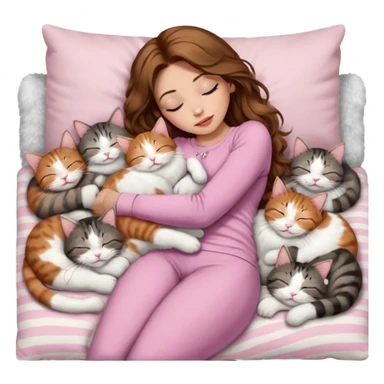 girl with long wavy brown hair, brown eyes, long lashes makeup, sexy pink lips, light to medium complexion,  sleeping on a cozy pillow, with 6 cats: 1 brown and white tabby cat, 1 ginger and white, 2 grey and white, 1 grey with white mittens and small white patch on chest and 1 calico, sleeping sticker