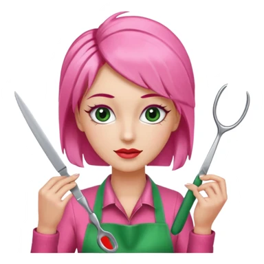 A hairdresser with scissors behind her head ✂️🩶(Pink, red and green apron)(Eyelashes)(Woman silver skin) sticker