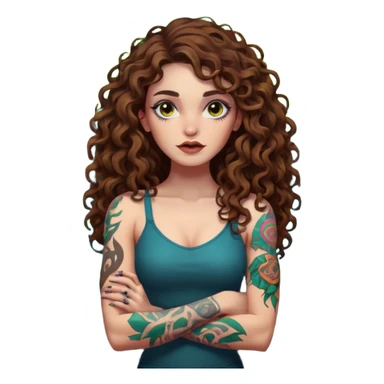 full body view of a woman with long curly brown hair, brown eyes, white skin, tattoos, arms crossed, eyebrow raised, neon forest chaos behind her sticker