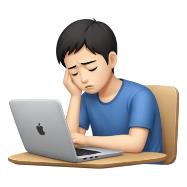 Create an emoji of a tired person of Asian descent, sitting at a laptop, looking exhausted and frustrated. They have slouched posture, representing overwork and burnout. sticker