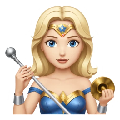 Blonde blue eyed Wonder Woman holding white orchestra conductor’s baton and bell sticker