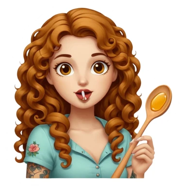 portrait woman long curly brown hair brown eyes white skin tattoos licking honey from wooden spoon, flirty sticker