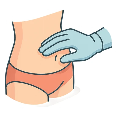 side view close-up of human abdomen, a doctor's hand palpating, hand wearing glove, hand coming from opposite side, fingers gently pressing, 2D isometric style, very detailed, soft rounded shapes, clean contours, pastel palette, refined shadows and highlights, modern illustration, transparent background sticker