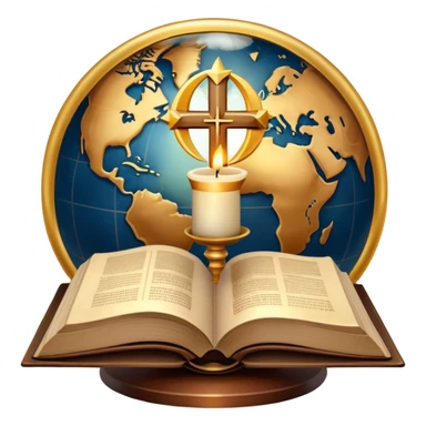 An icon featuring a holy book, a candle, and a cross, symbolizing religious studies. The design includes a globe with various religious symbols: a crescent moon and star (Islam), a lotus flower (Buddhism), representing global belief systems. Transparent background. sticker