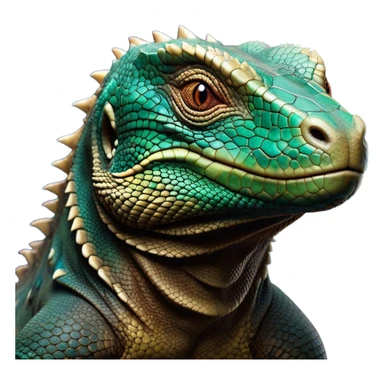 Cinematic Noble Komodo Dragon Lizard Portrait Emoji, Poised and regal, with a rugged, scaled body and powerful stance, deep-set intense eyes and textured, weathered skin, Simplified yet sharp and sophisticated features, highly detailed, glowing with a soft, ancient glow, high shine, intelligent and formidable, stylized with an air of primordial authority, focused and commanding, soft glowing outline, capturing the essence of a watchful and confident guardian that appears ready to stride out of the screen with timeless power! sticker