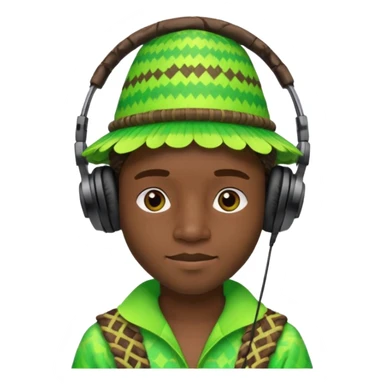Create me an emoji of a cool Young Nigerian prince wearing a neon green gradient African patterns with  a hula hat (a Nigerian-inspired hat) and wearing cool headphones. sticker
