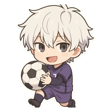 Nagi Seishiro from Blue Lock, chibi style, holding a soccer ball, playful expression, white hair sticker