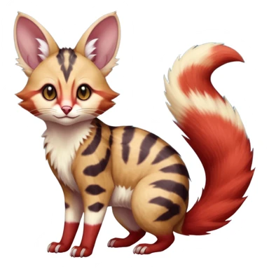 sanguine-red-streaked natural realistic divine beautiful elegant pretty precious cute young youthful  Fakémon-Pokémon-alien-opossum-feline-serval-caracal-chinchilla-Minccino-hybrid-creature with a big fluffy bushy tail (full body) sticker