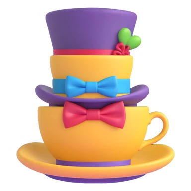 Mad Hatter from Alice in Wonderland, eccentric character with a tall hat labeled 10/6, colorful bow tie, and teacup, playful and quirky design, stylized as an emoji sticker
