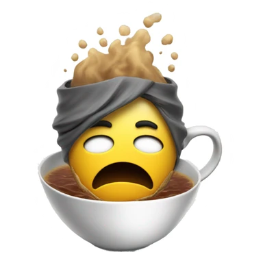 A stressed emoji siting in a cup of tea with lot of stress very tired create a mess on head top to represent atress sticker