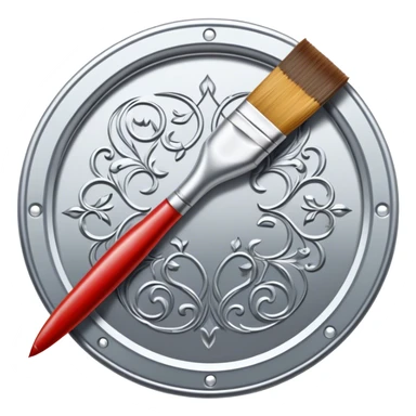 Metal painting icon, intricate hand-painted metal surface with detailed patterns, visible paintbrush, metal tools, vibrant enamel or acrylic paints, finished artwork and the painting process, minimalistic style, clean lines, transparent background. sticker