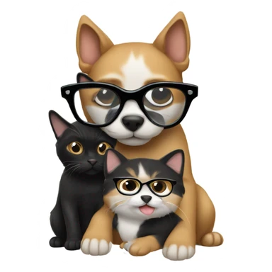 a cat in black glasses hugs a dog in black glasses sticker
