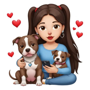 Young girl was long, dark brown hair sits with her dog who is a pretty girl pitbull with her cell phone in her hand in a small septum ring in her nose was hearts flying all around her sticker