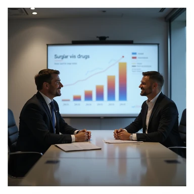symbolic scene in a modern office of a pharmaceutical company: elegant executives smiling in front of charts showing the increase in sales of sugar and drugs, atmosphere of strategy and profit, realistic details, 4K quality sticker