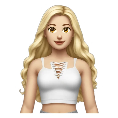 hyperrealistic caucasian female, long straight blonde hair, white lace up crop top, grey mini skirt, body view sticker