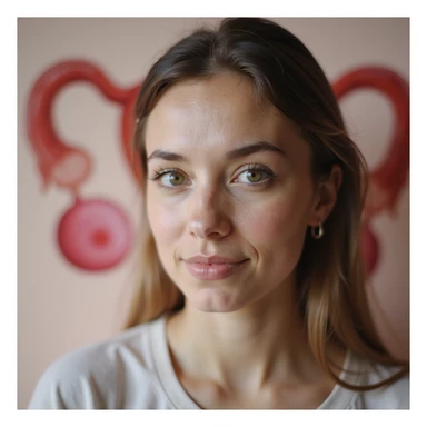 close-up of a woman with PCOS, background with stylized illustration of ovaries with large, bright oocytes, positive atmosphere, light colors, realistic photography or medical art sticker