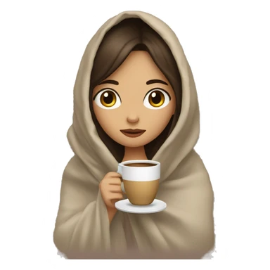 girl inside a blanket sipping coffee eyes closed, make her pale and with dark brown hair sticker