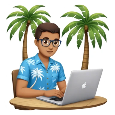A digital nomad in bali working on a laptop wearing a tropical blue shirt with a palm tree on the side sticker