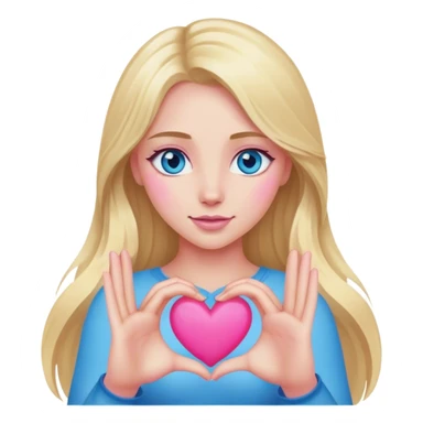Cinematic realistic blonde with long hair and blue eyes shows her pink heart with her hands sticker
