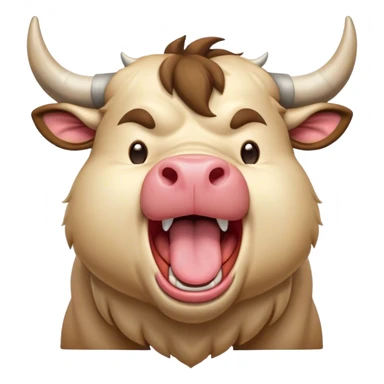Cinematic Cute Yawning Domestic Bull Portrait Emoji, Head tilted slightly with a dramatic, wide-open yawn, showcasing a robust, muscular frame with a soft, downy coat and subtly drooping horns, round eyes barely open in drowsy contentment, Simplified yet irresistibly adorable features, highly detailed, glowing with a soft, cozy natural glow, high shine, relaxed yet expressive, stylized with a dash of rustic whimsy, soft glowing outline, capturing the essence of a sleepy yet affectionate domestic bull that seems ready to stretch out and settle for a nap! sticker
