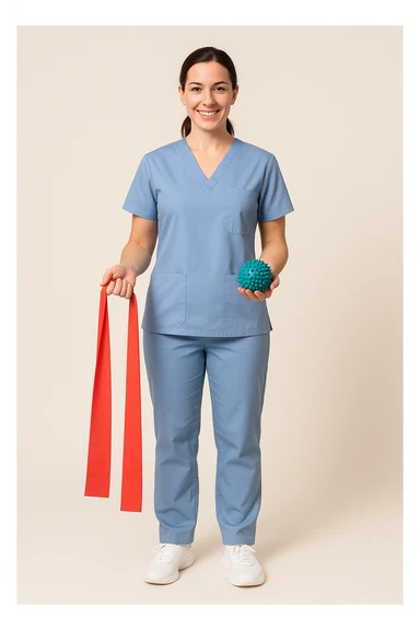 full body physiotherapist in healthcare clothing, with physiotherapy tools, simple background sticker