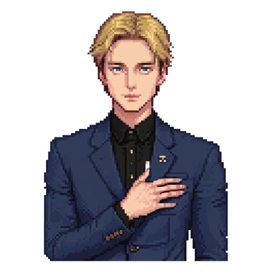 Flat pixel art, focused and reserved male thinker, fair skin, short sleek sandy hair, intense sharp eyes, wearing a deep indigo suit jacket over a black shirt, left hand thoughtfully touching chin, waist-up, front-facing sticker