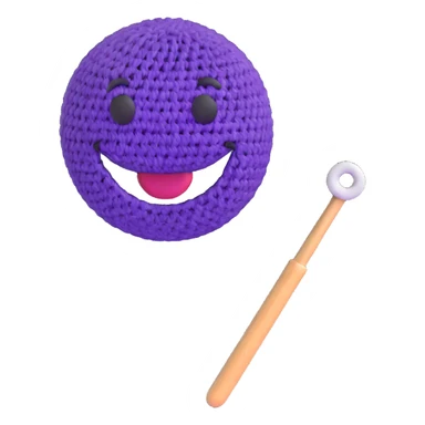 3D smiley emoji, round shape, grandmother with a crochet hook, purple color, smiling face sticker