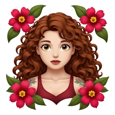 portrait woman long curly brown hair brown eyes white skin tattoos muscular build inside flower petals frame sticker