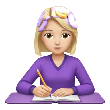 girl sitting, writing in a notebook, blond hair, dressed in purple clothes sticker