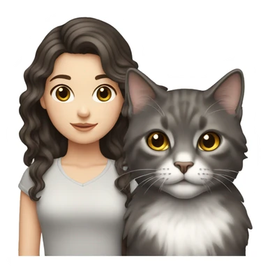 A White girl with wavy dark brown hair and a grey cat sticker