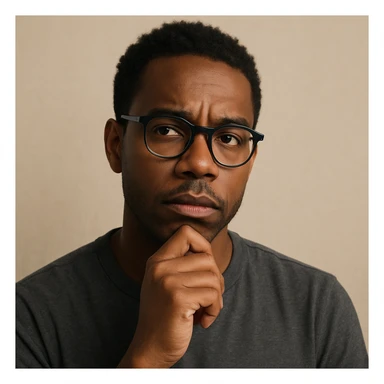 Black person with glasses, thoughtful expression, simple background sticker