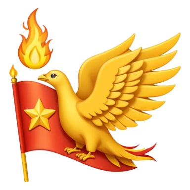 Apple-style emoji of a horizontal rectangle flag (2:1, not square) with a red background and a yellow winged emblem with a flame on top, segmented wings, and a tail ending in a small rectangle with four stars. Flat, simple, bold colors, no shading. sticker