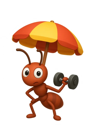EMOJI STILE IPHONE 3D DI una formica che si allena sotto l'ombrellone in spiaggia con un manubrio da palestra in mano, fagli anche la parte bianca degli occhi, non solo la pupilla sticker