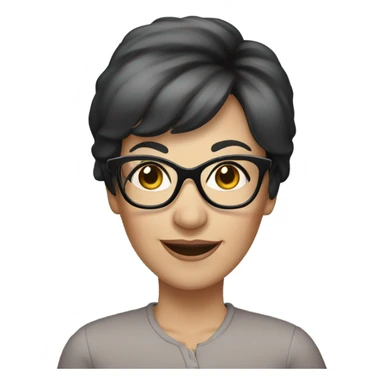 A woman in her 50s smiling with short black hair, kind of round face, black glasses, white but little tan, blue eyes sticker
