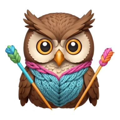 knitting owl portrait, head and shoulders only, cute owl holding knitting needles and yarn, cozy expression, warm handmade vibe, soft feathers, 3D cartoon style, mobile game icon style, clean background, no text, no watermark
 sticker