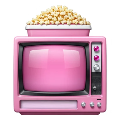 front view of transparent sparkly pink shiny CRT TV sitting on top of pink VCR, with pink/white rhinestone bucket of popcorn sitting next to it sticker
