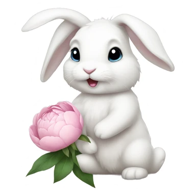 cute white bunny holding light pink peonies sticker